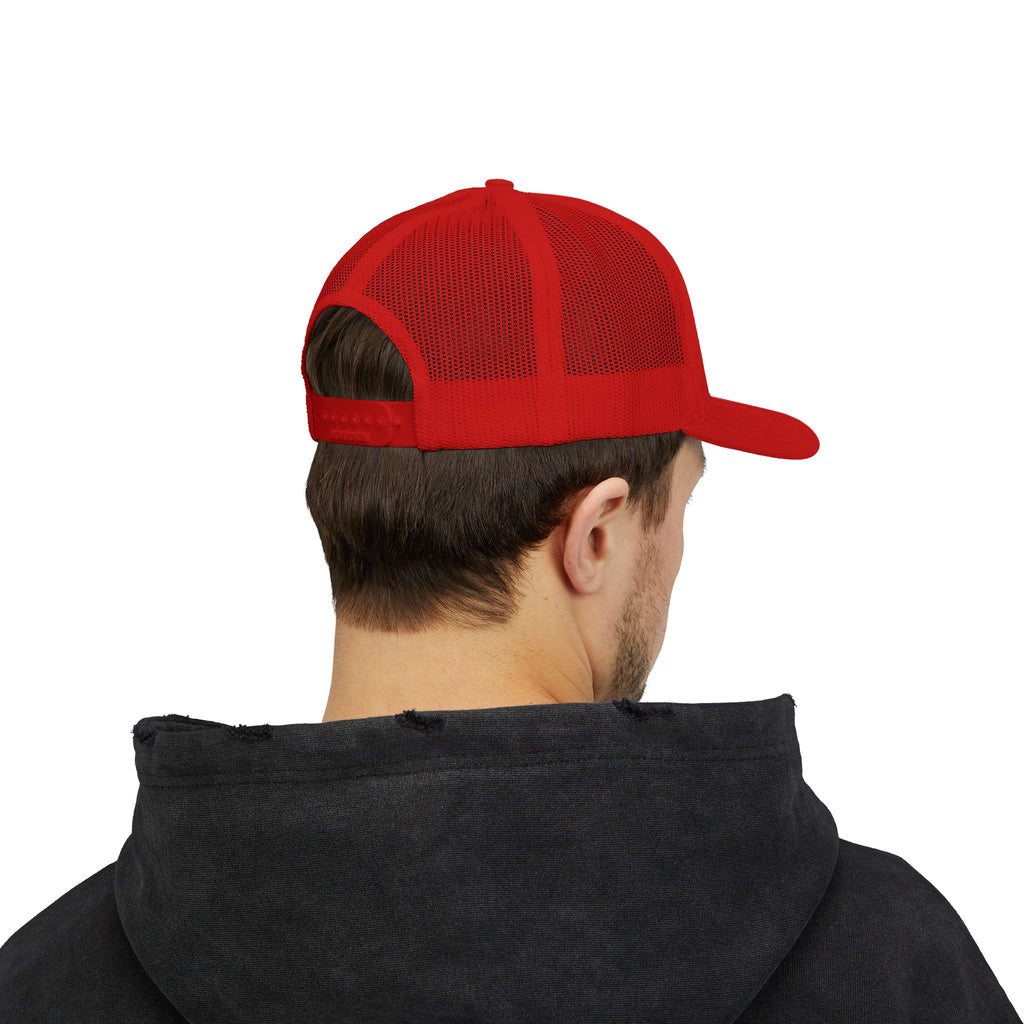 It's NOT Your Fault Trucker Cap — White Mesh Snapback with Reassuring Text