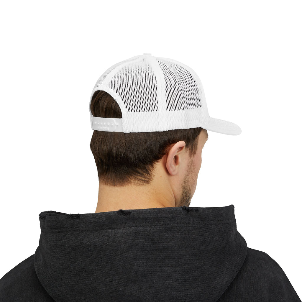 It's NOT Your Fault Trucker Cap — White Mesh Snapback with Reassuring Text