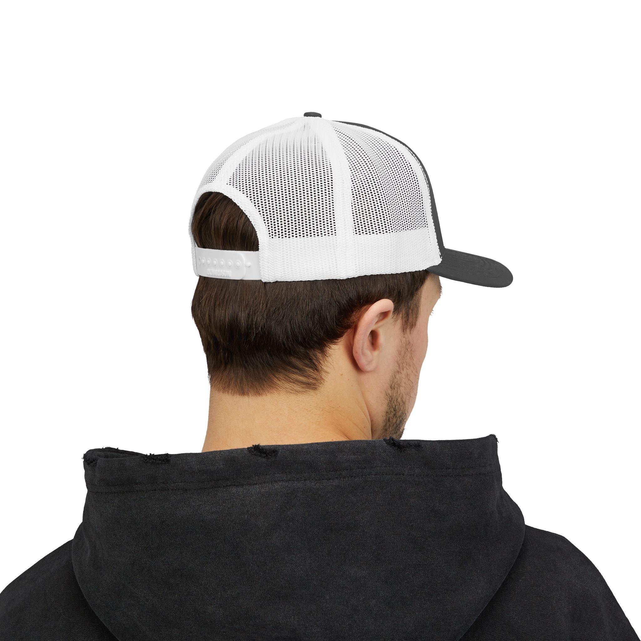 It's NOT Your Fault Trucker Cap — White Mesh Snapback with Reassuring Text